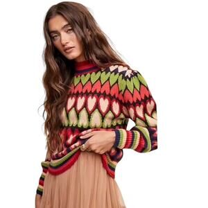 Listicle Full of Heart Mock Neck Puff Sleeve Knit Sweater  Size Large NEW